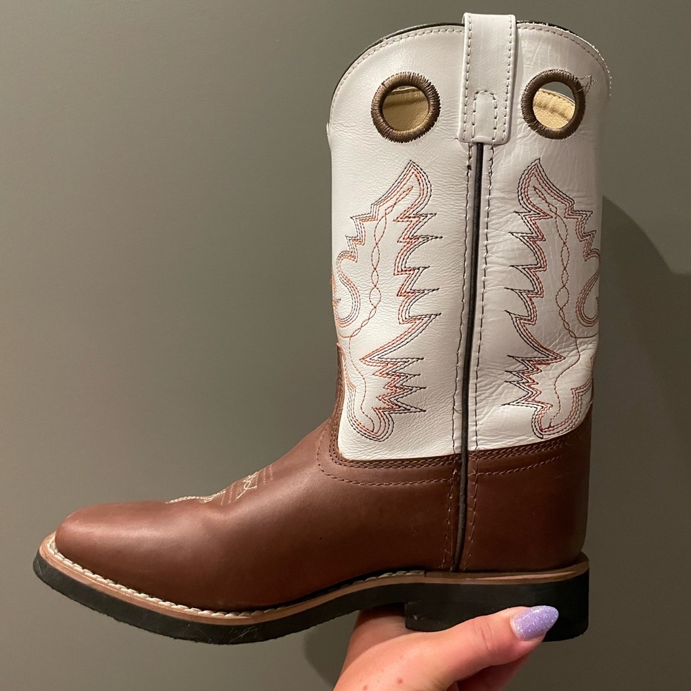 Brown and white flat toe boots